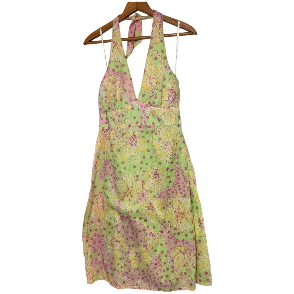 Lilly Pulitzer Floral Polka Dot Halter Dress Green Pink Yellow Size 4 Cotton